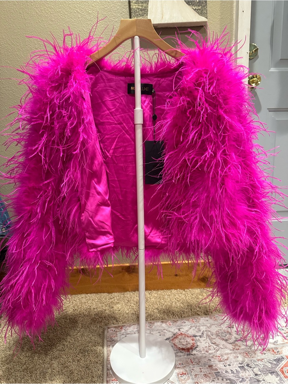 Fashion Nova Hot Pink Feather Teddy Jacket